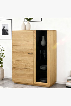 Kétajtós tölgyfa vitrines szekrény fekete üveggel, nappaliba, 141x101